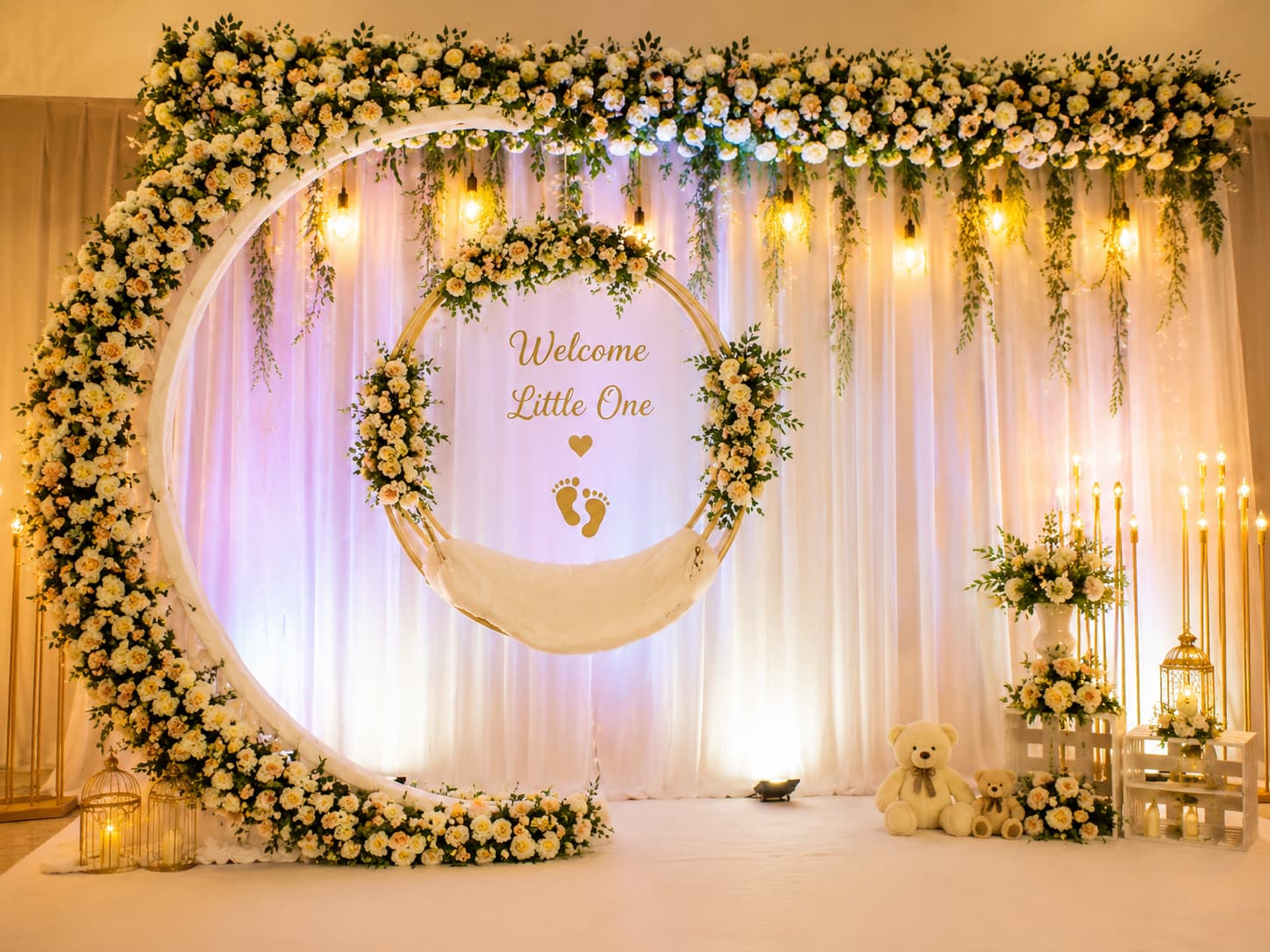 Elegant naming ceremony with moon arch and yellow floral decorations